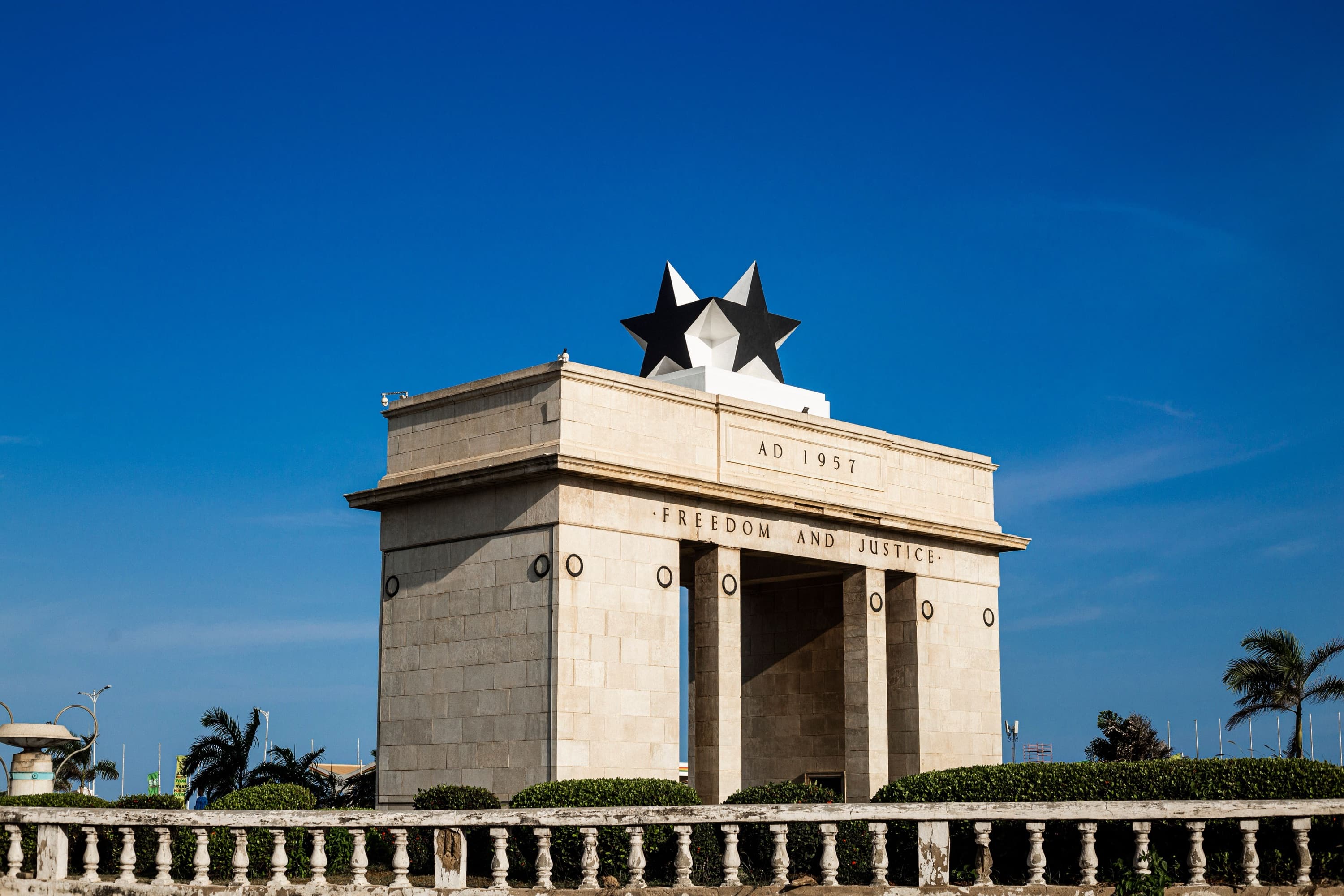 Independence Arch against a clear blue sky in Accra, Ghana