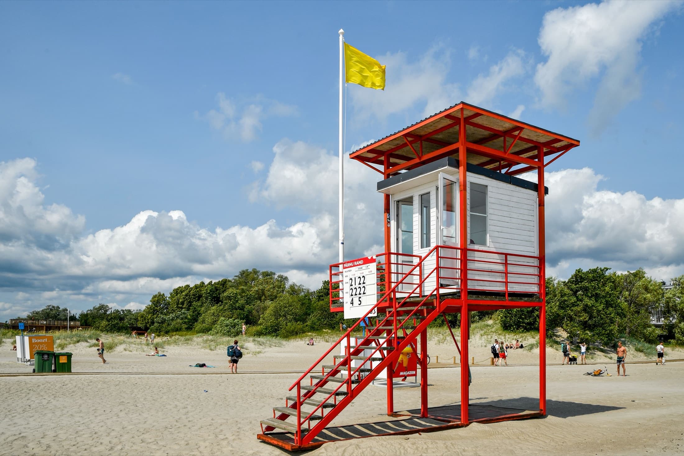 A colorful lifeguard tower on Parnu Beach on a sunny day