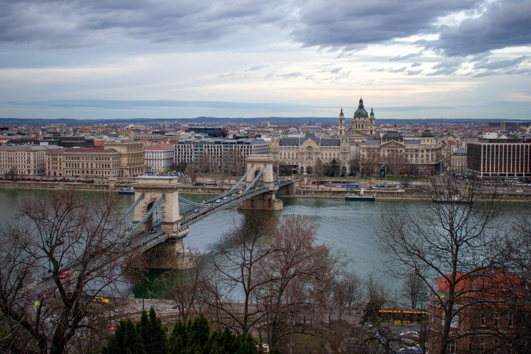 Aerial view of the Szechenyi Chain Bridge and Budapest cityscape over the Danube