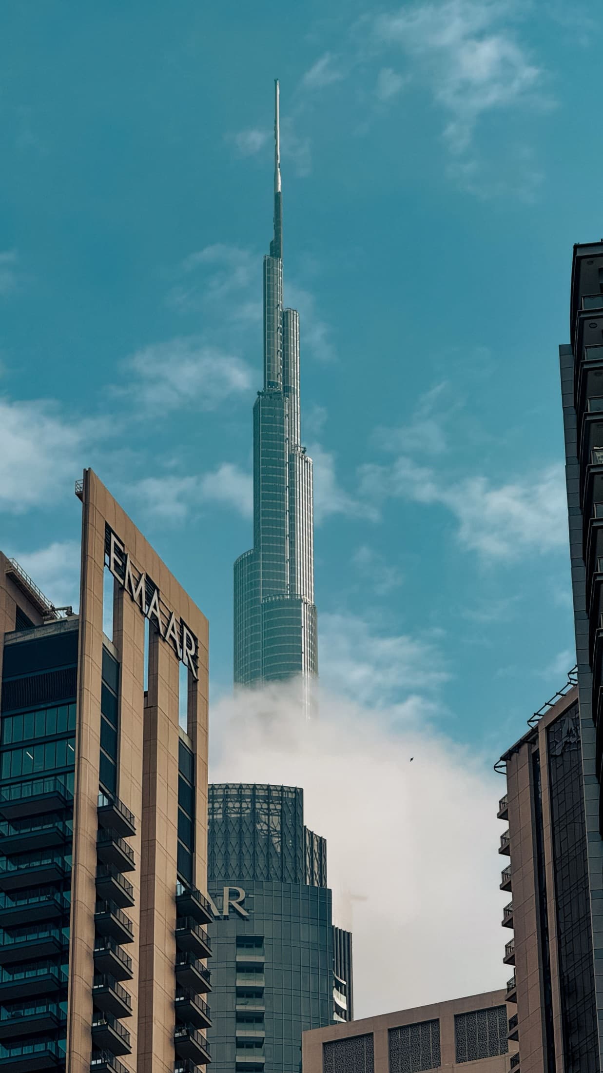 The Burj Khalifa towering above the Dubai skyline on a clear day