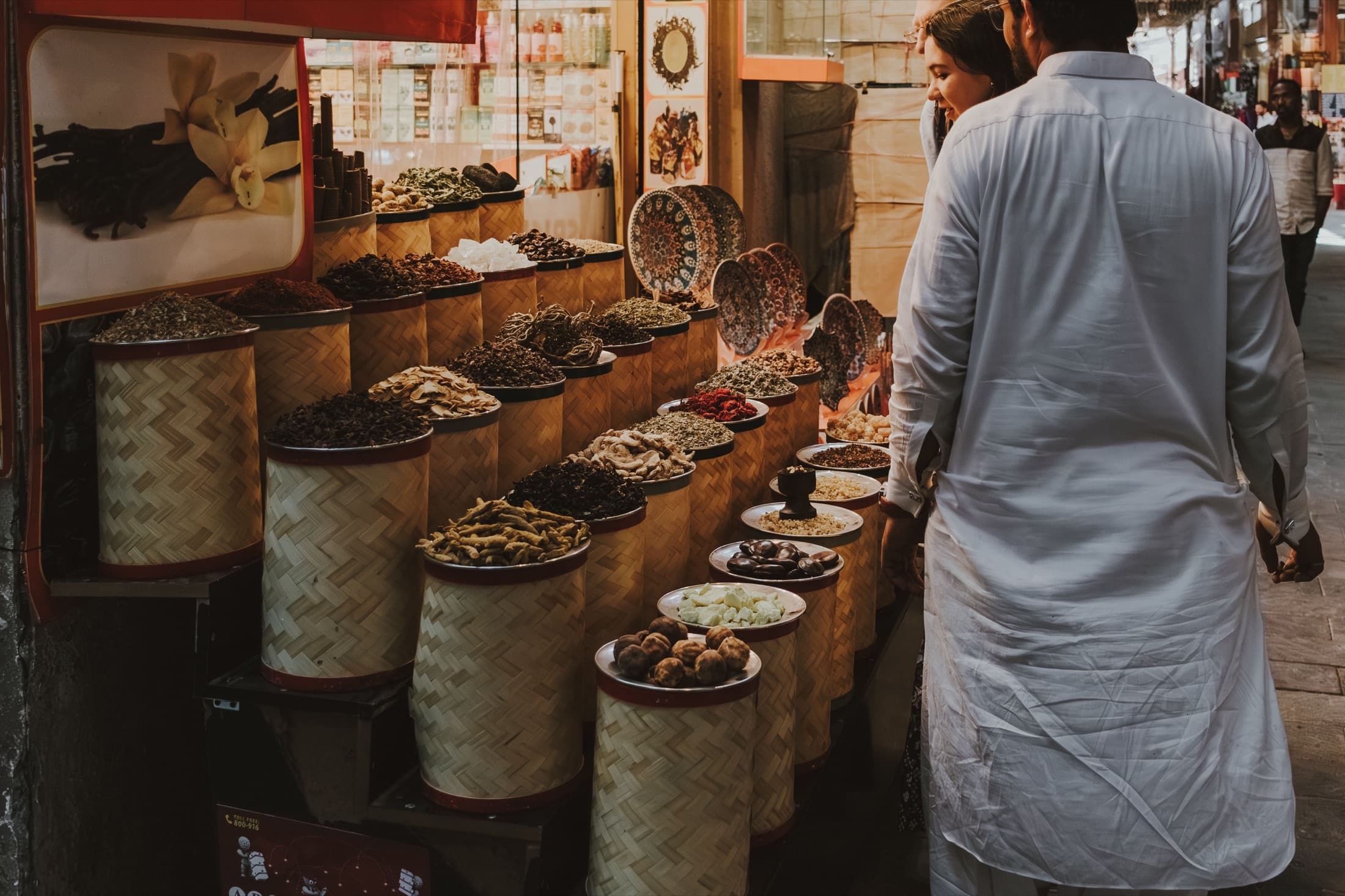 Colorful exotic spices on display at a traditional souk market in Dubai
