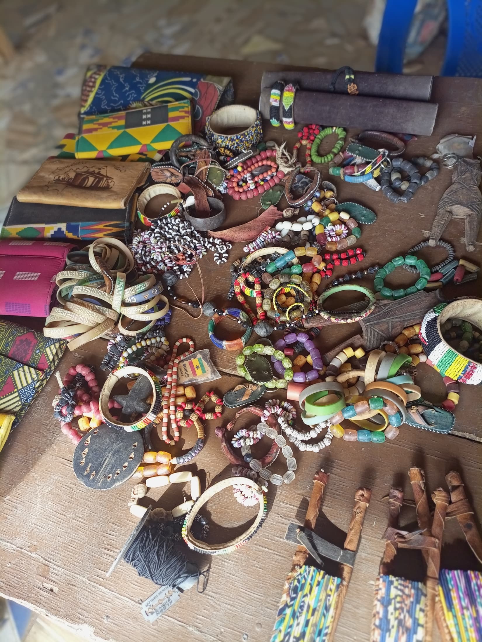Handmade beadwork, kente accessories and carved crafts for sale at the Sirigu women's pottery and art centre