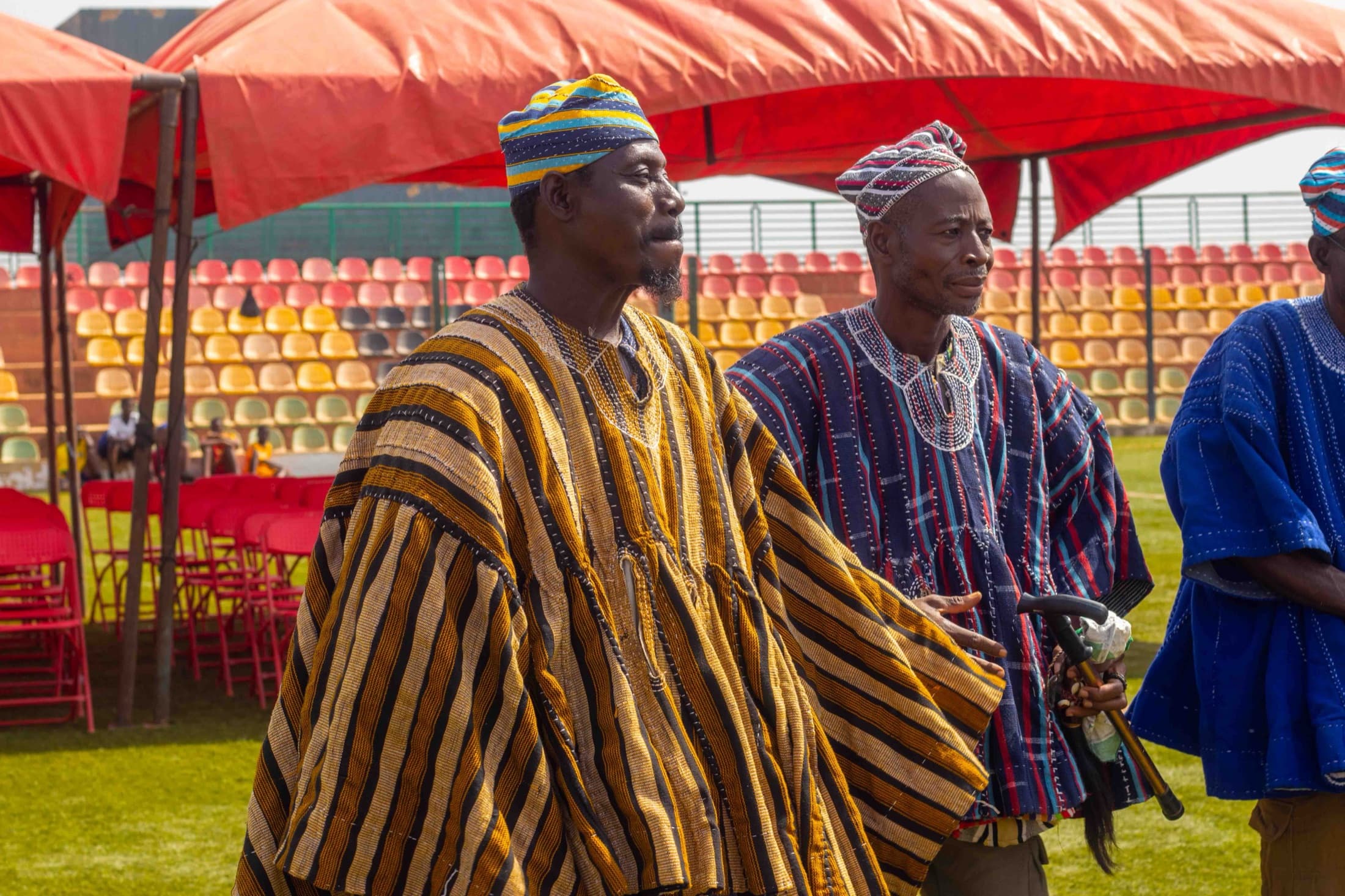 Performers in traditional dress at a Ghanaian cultural dance performance