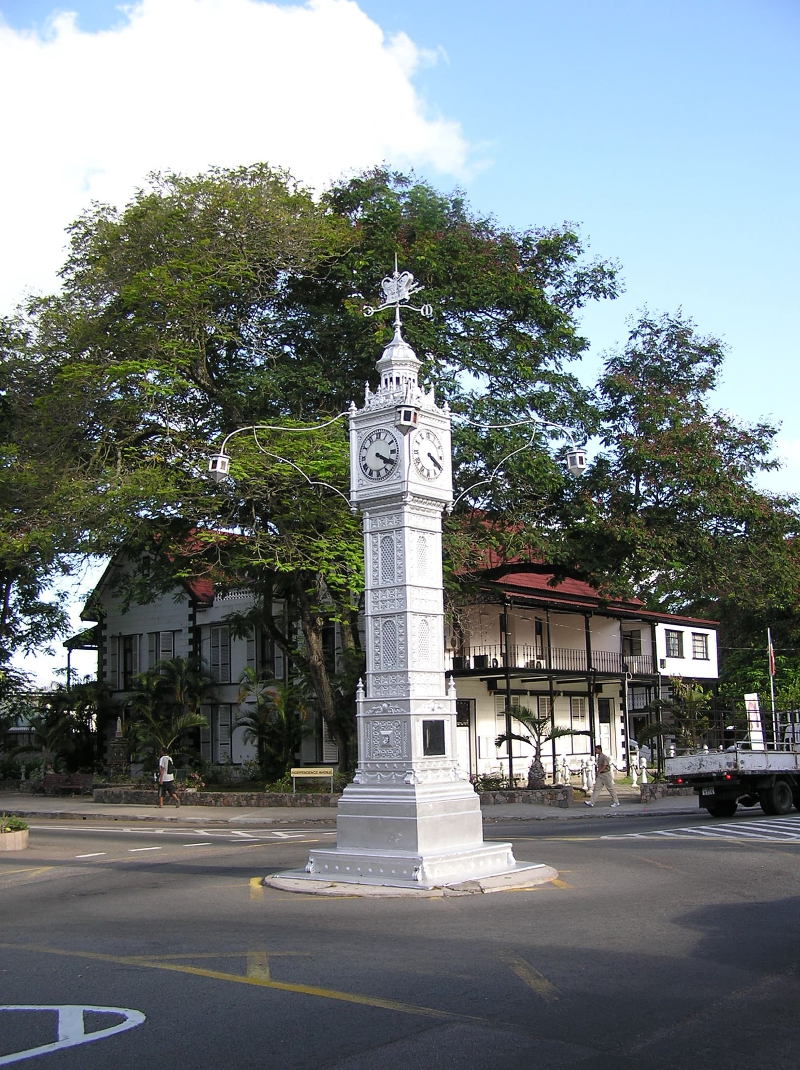 The Clock Tower landmark in the center of Victoria, the capital of Seychelles