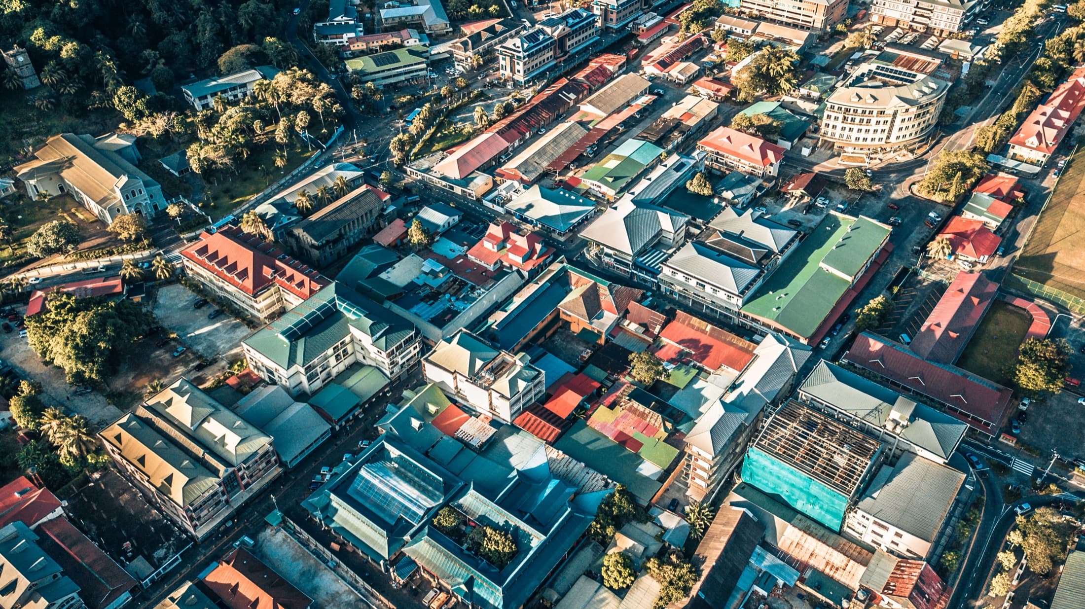 Aerial view of rooftops and streets in Victoria, Mont Fleuri, Seychelles