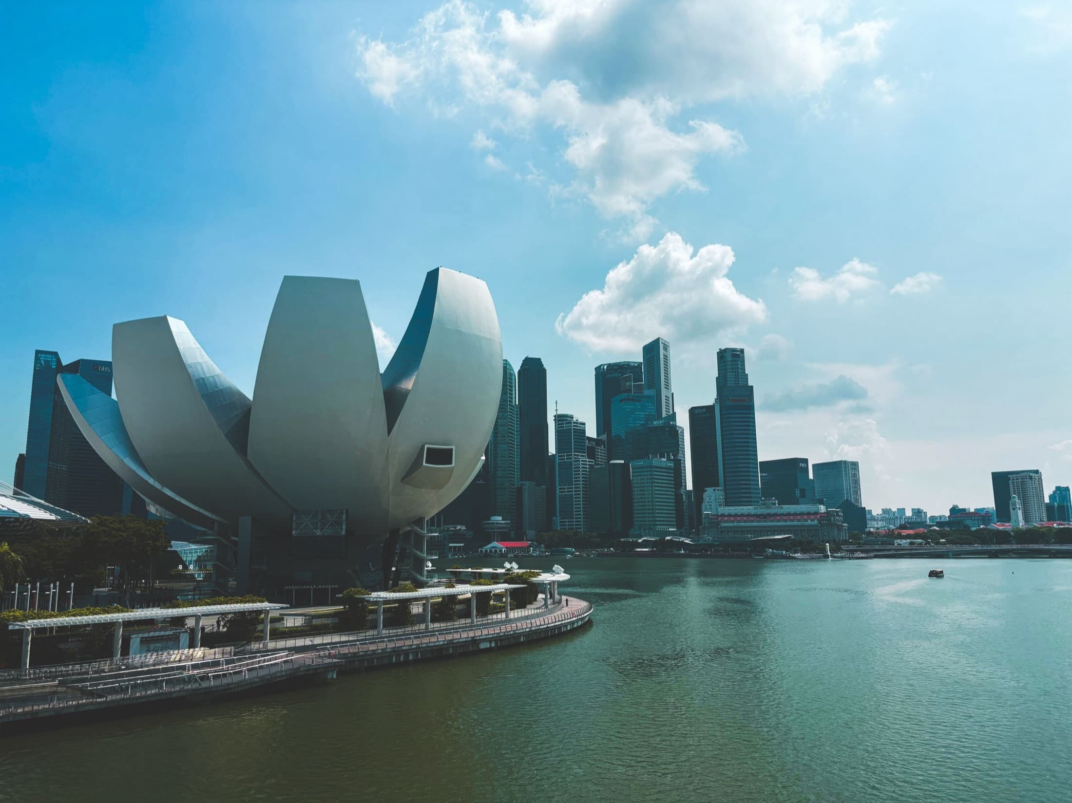 Singapore skyline featuring the ArtScience Museum and Marina Bay Sands by day