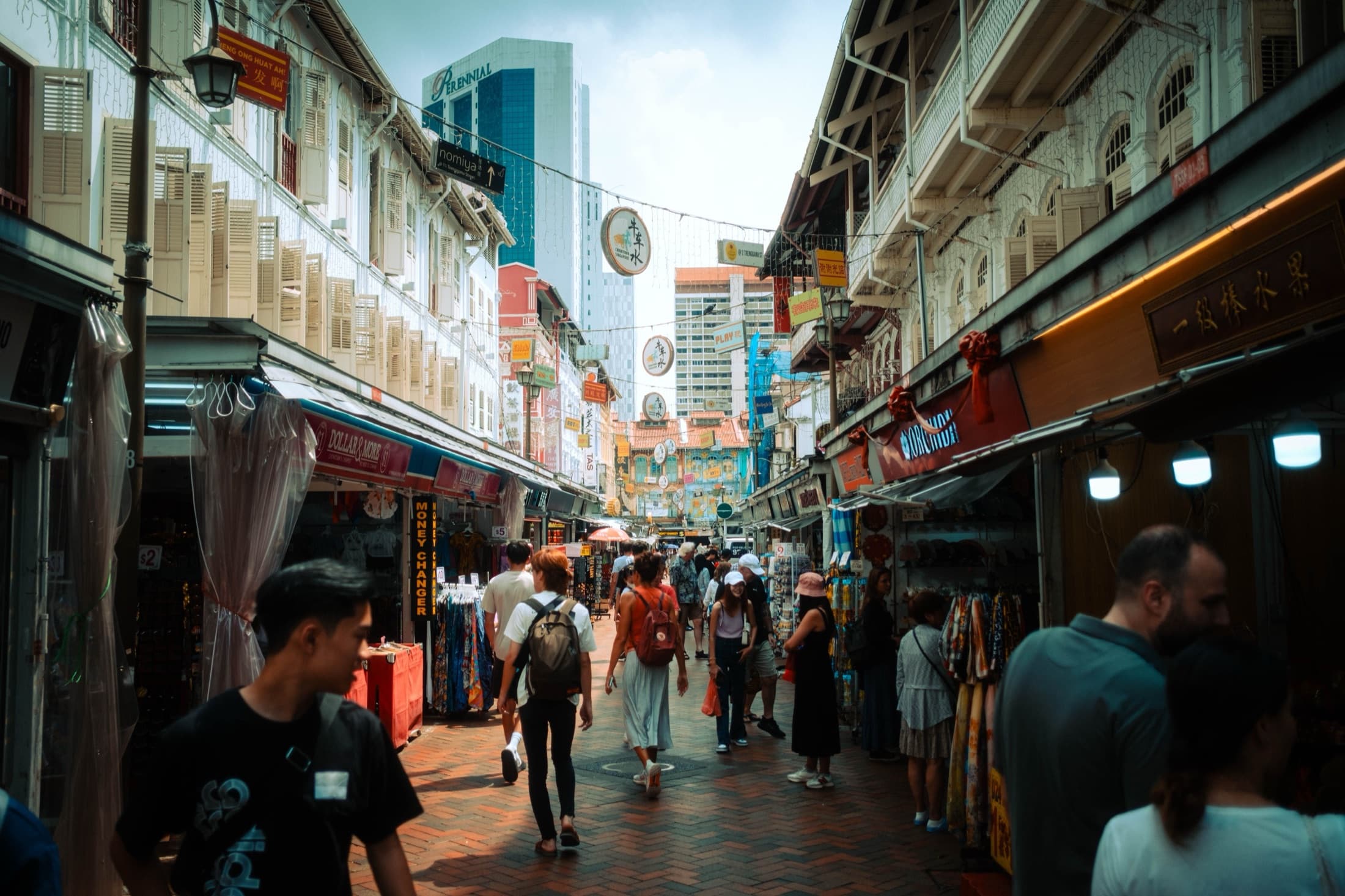 Vibrant street market scene in Chinatown, Singapore