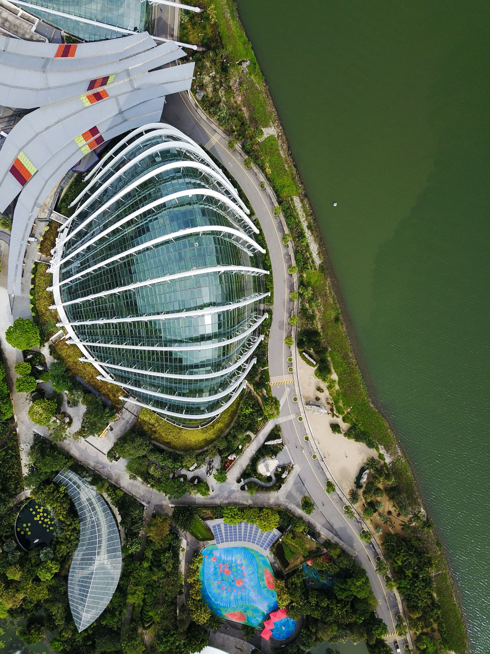 Bird's eye view of the Flower Dome and Cloud Forest at Gardens by the Bay, Singapore