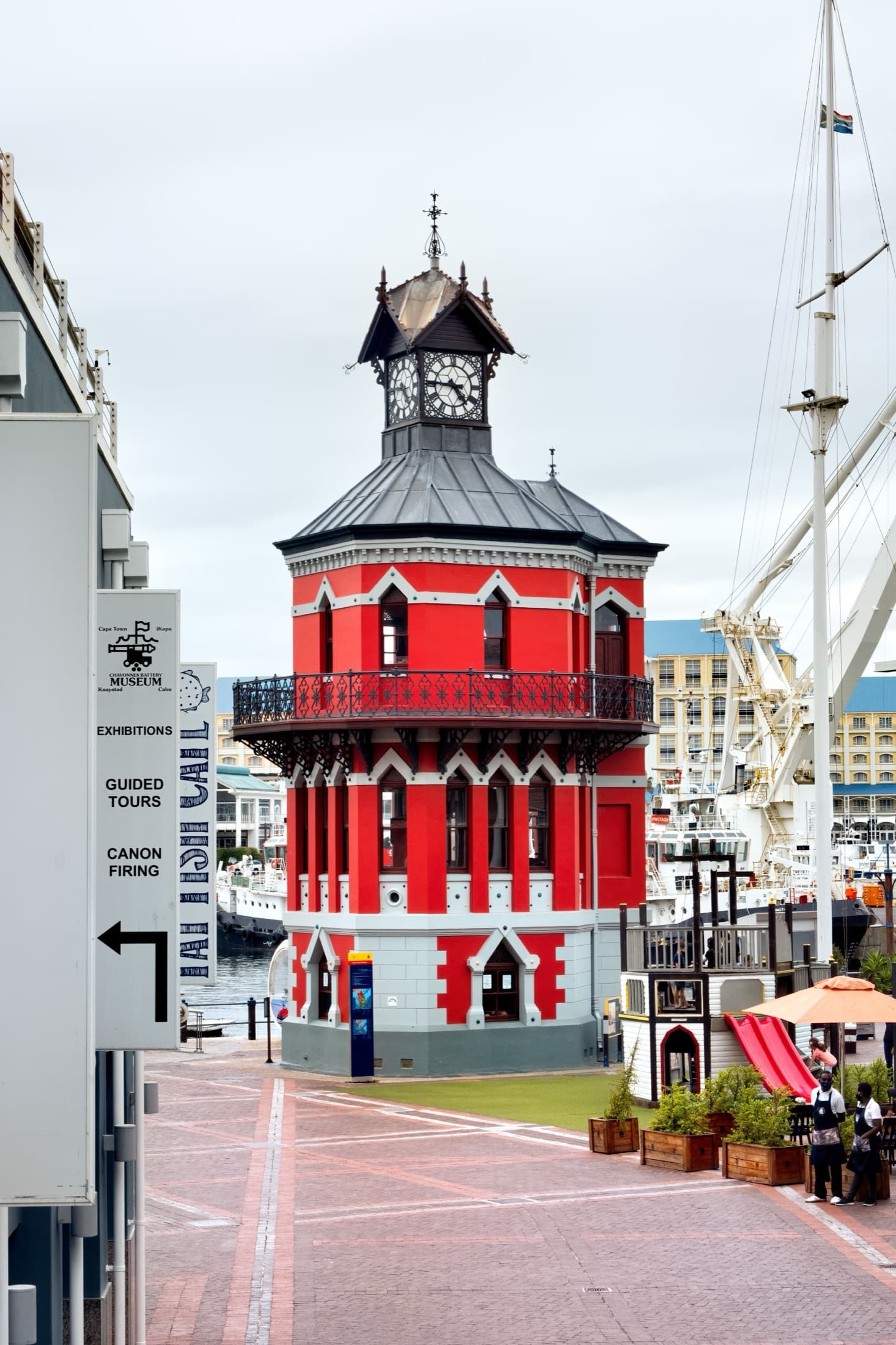 The historic red and white Clock Tower at the V&A Waterfront, Cape Town