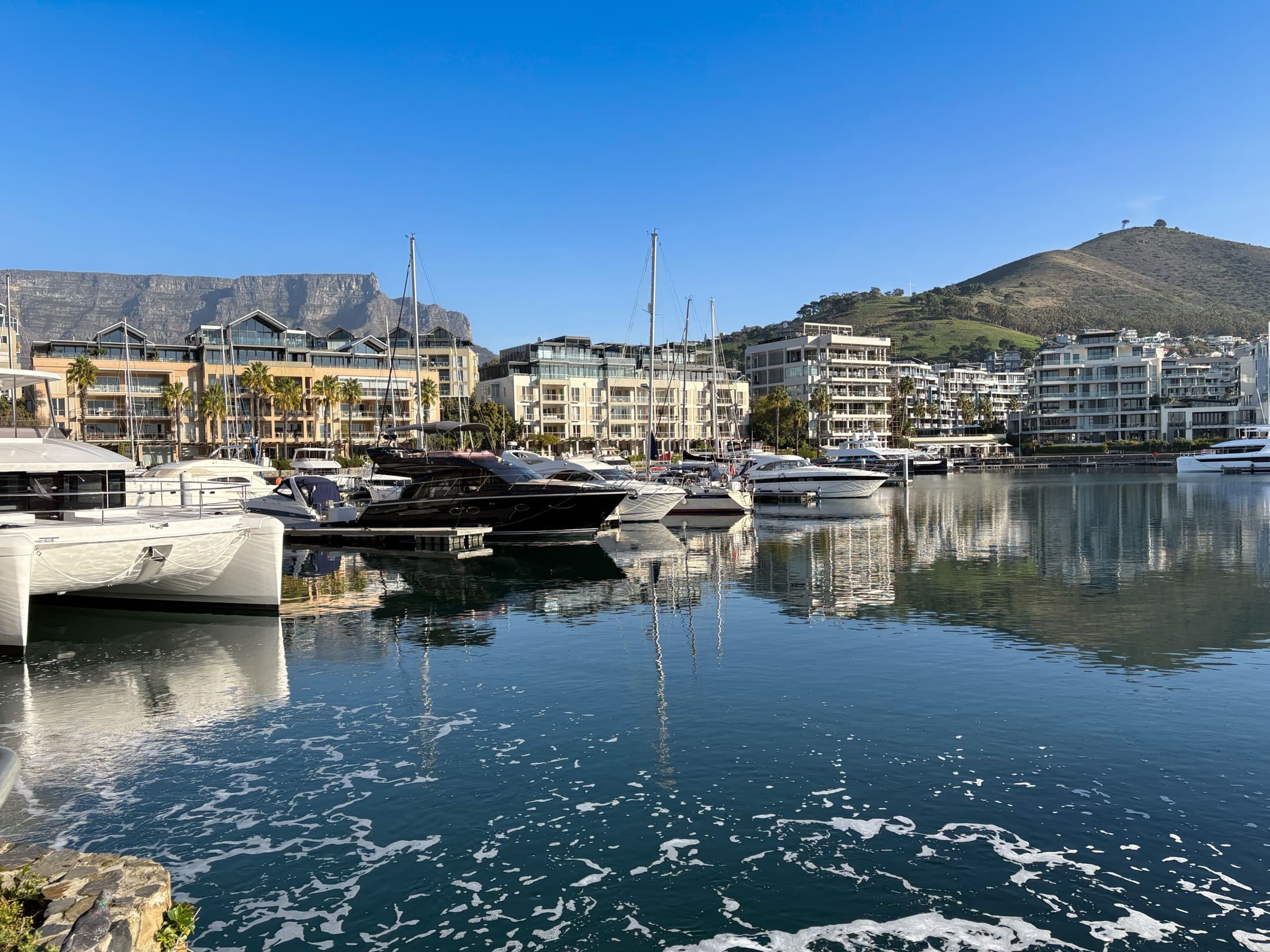 Luxury boats moored at the Cape Town marina with Table Mountain in the background