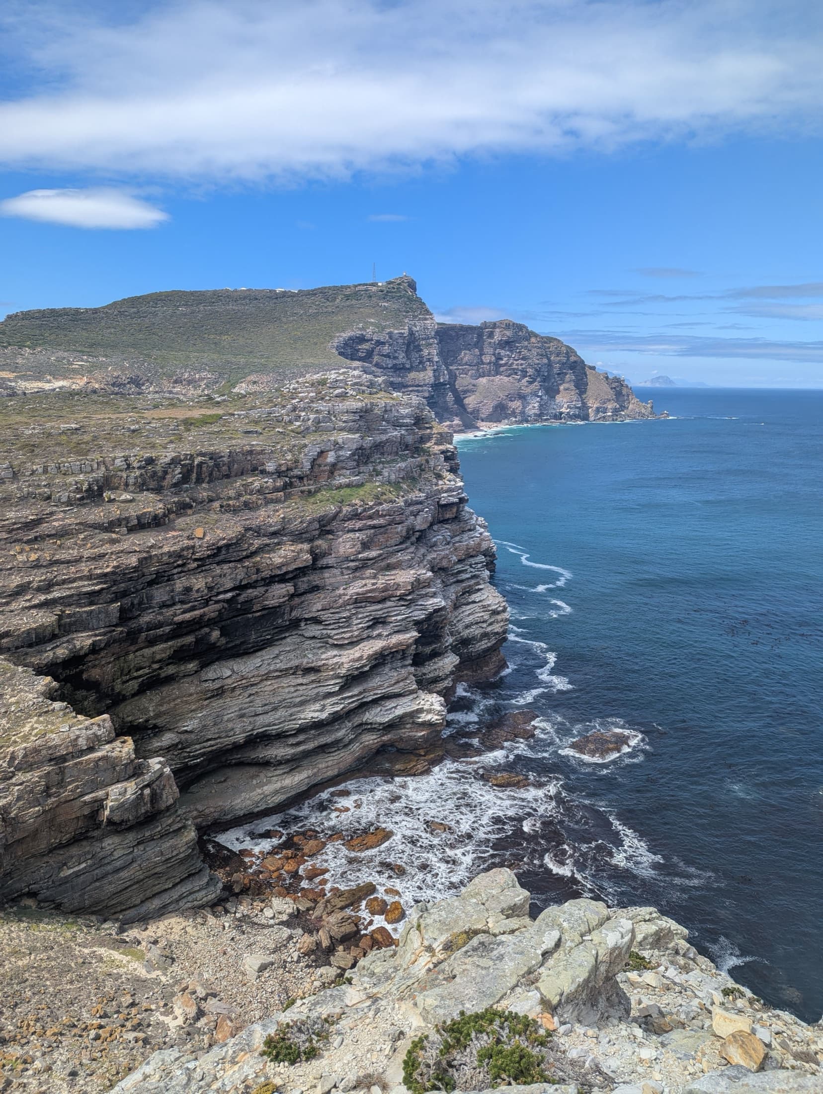 The dramatic cliffs and coastline of Cape Point under a clear blue sky