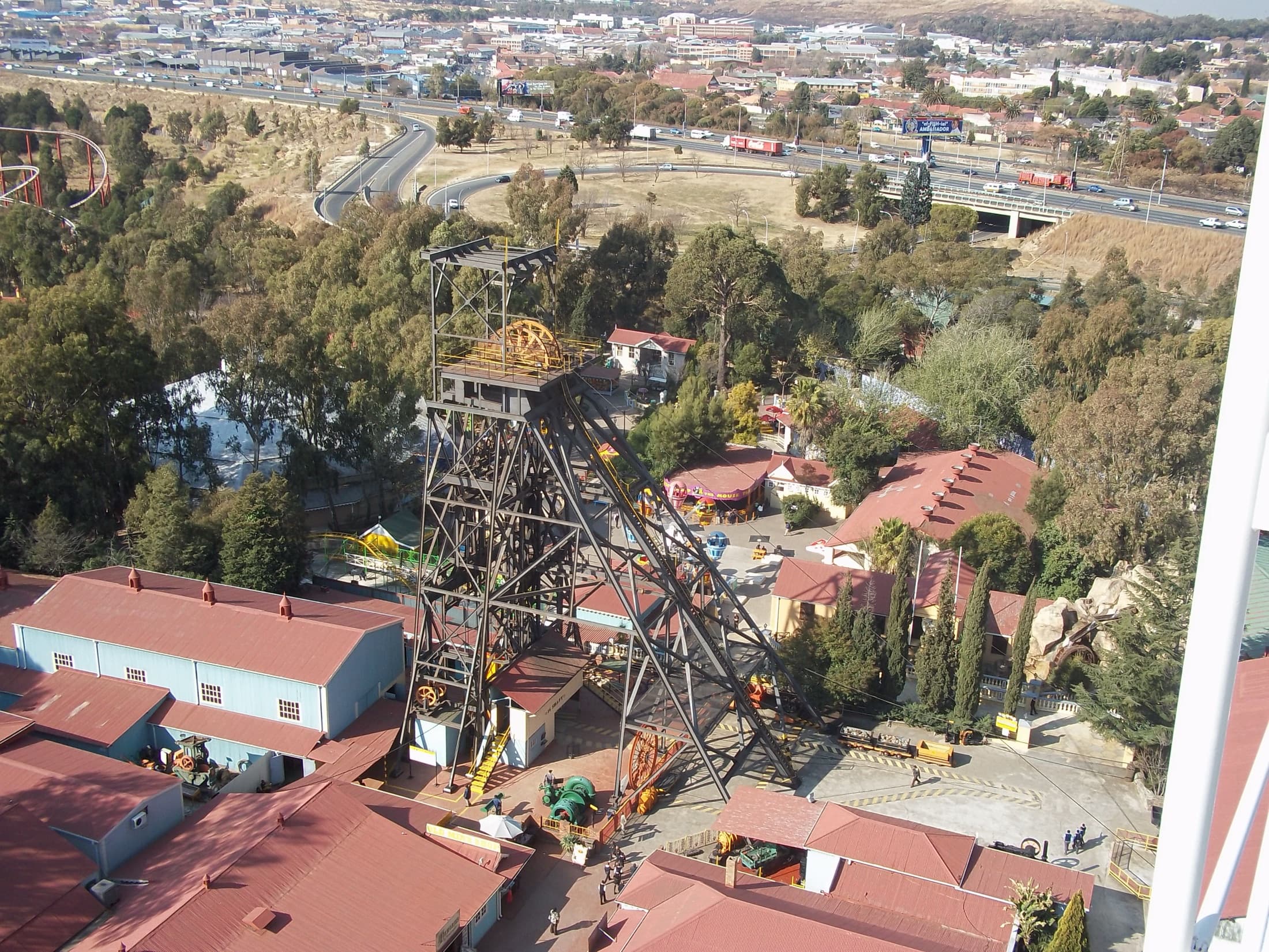 The historic mine headgear at Gold Reef City, Johannesburg, seen from the Big Wheel