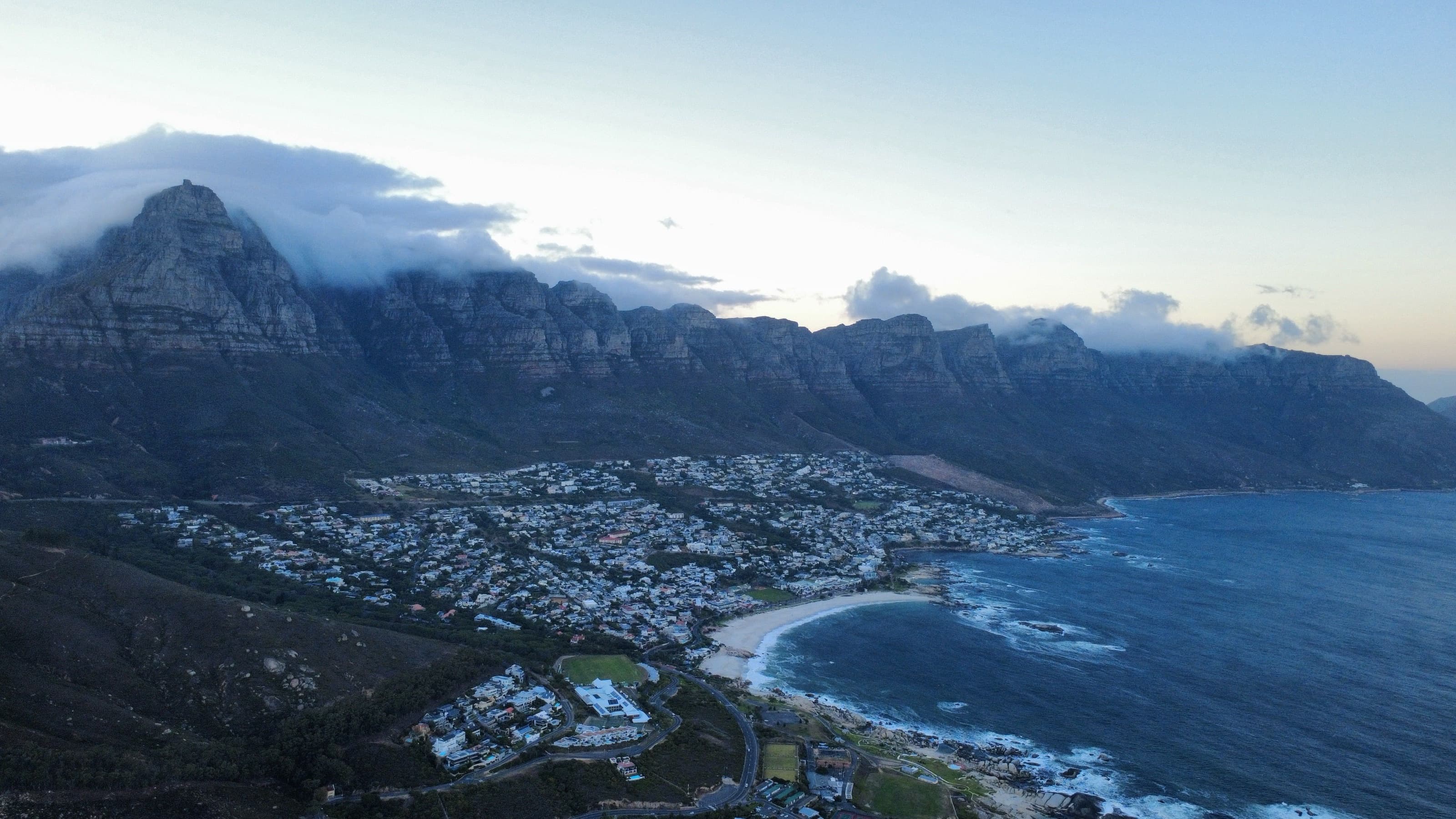 Aerial view of Cape Town with the iconic flat-topped Table Mountain and coastline
