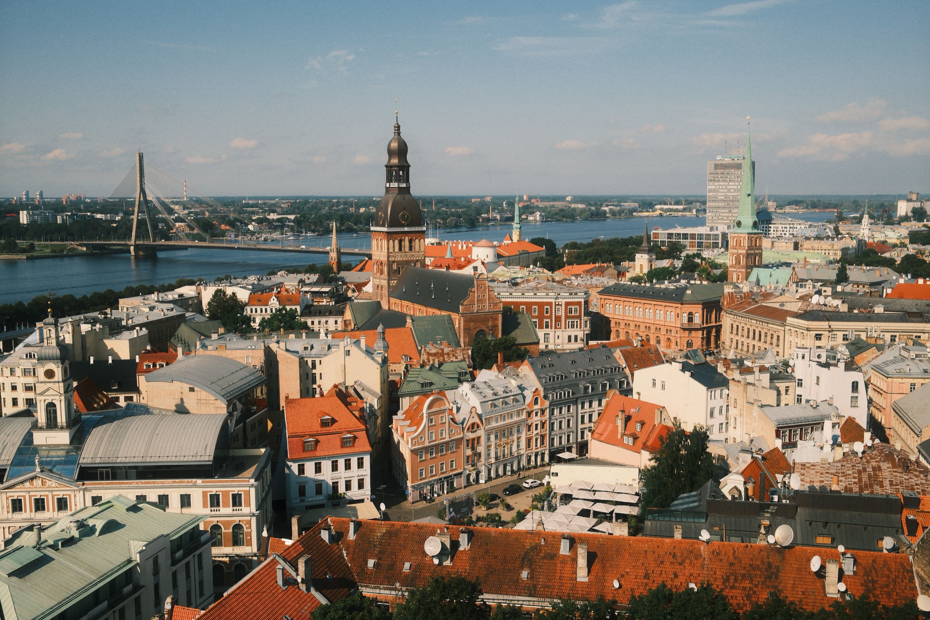 Aerial view of Riga's historic center and the Daugava River skyline