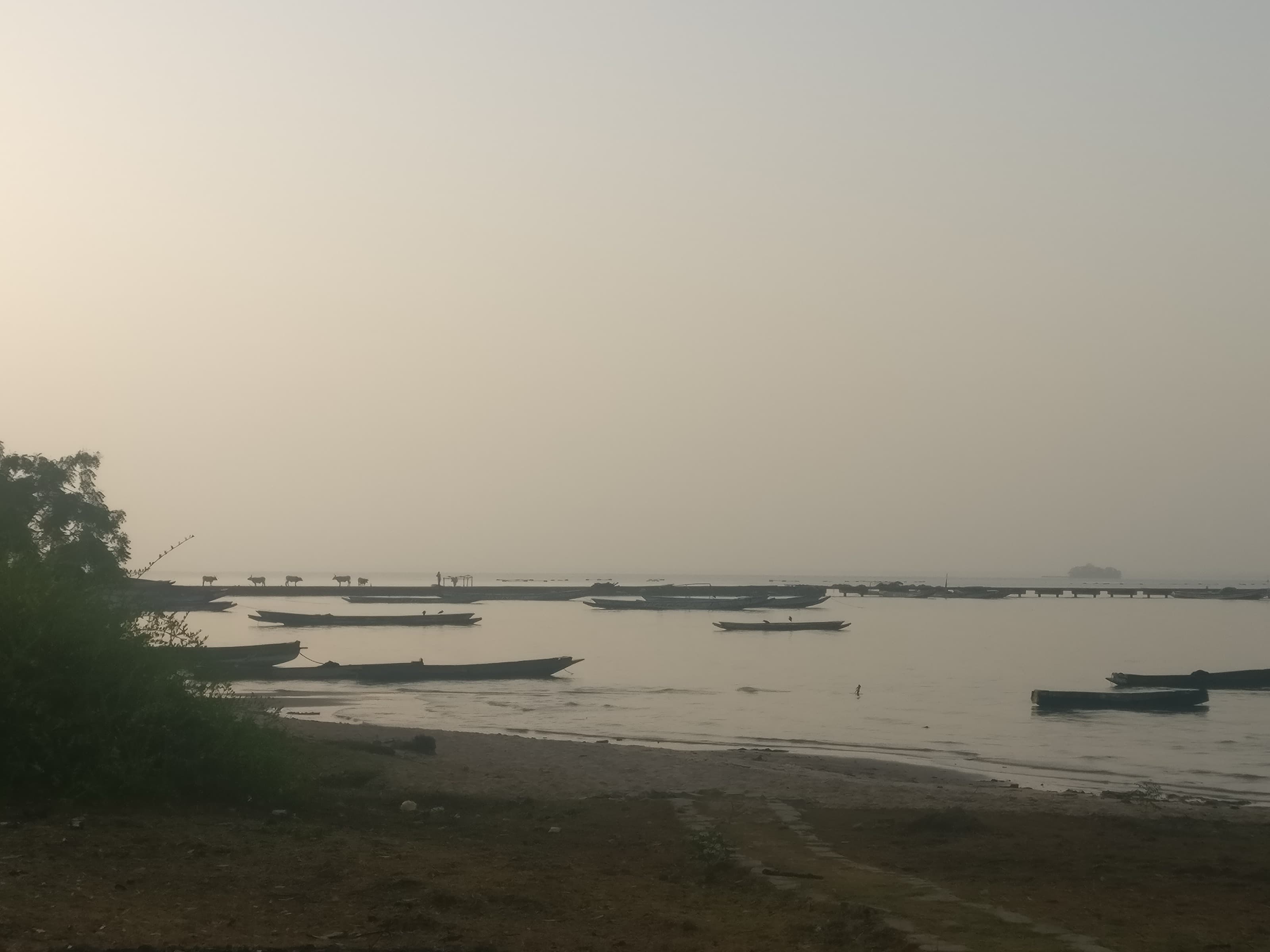 Kunta Kinteh Island (formerly James Island) in the River Gambia, seen from Albadar beach with boats in the foreground
